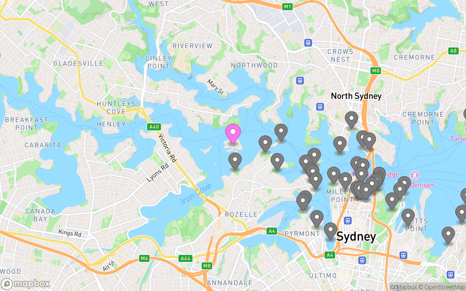 Map showing Cockatoo Island / Wareamah and nearby vantage points