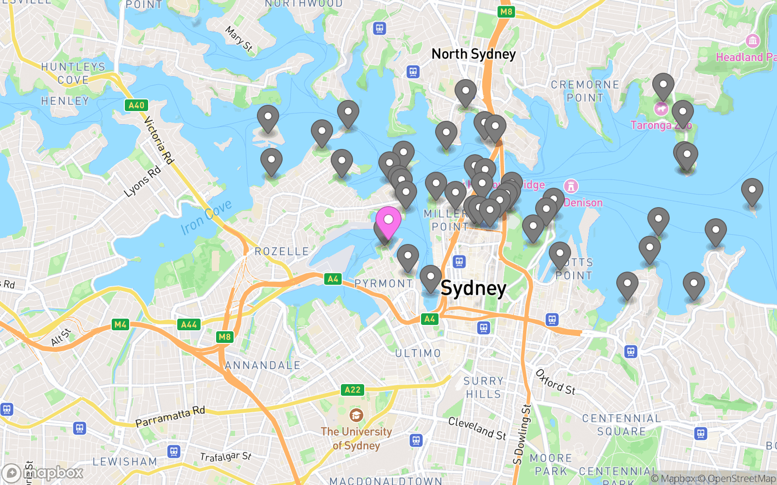 Map showing Pirrama Park and nearby vantage points