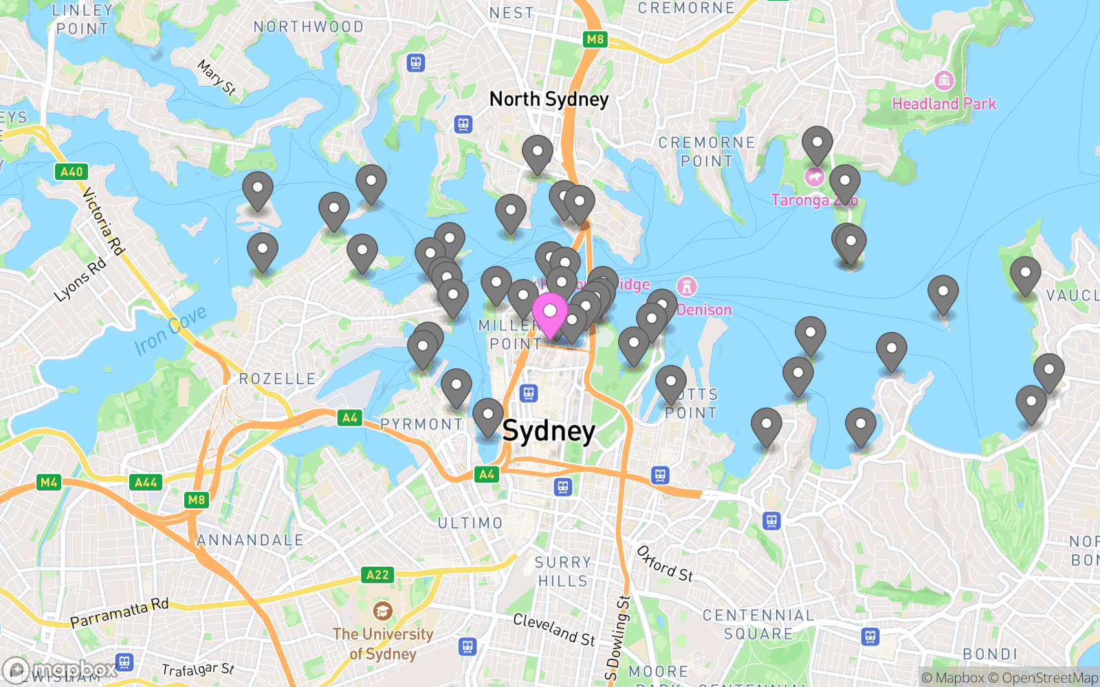 Map showing The Rocks and nearby vantage points